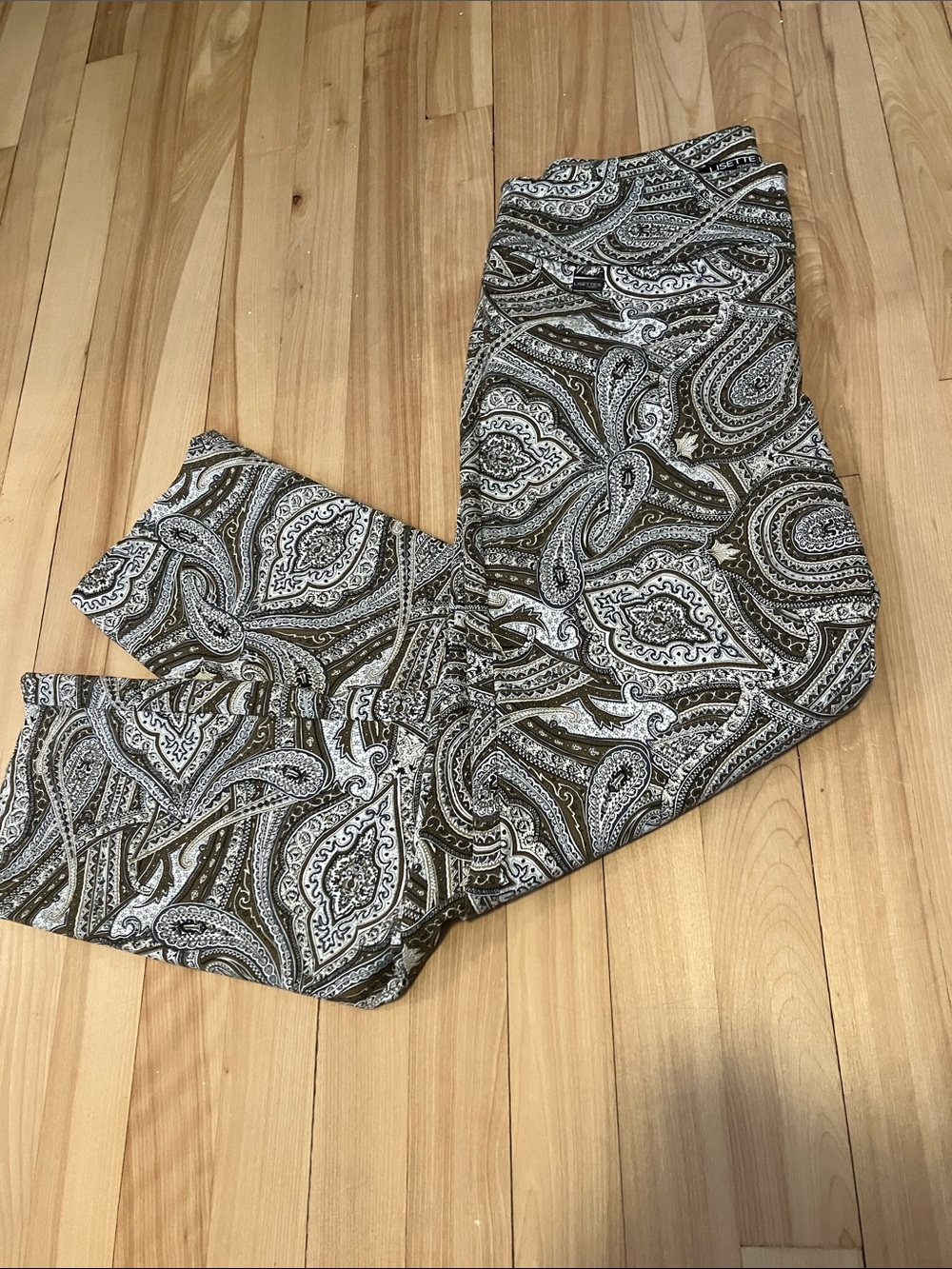 LISETTE Paisley Pants - Olive and White Size 8 Like New
